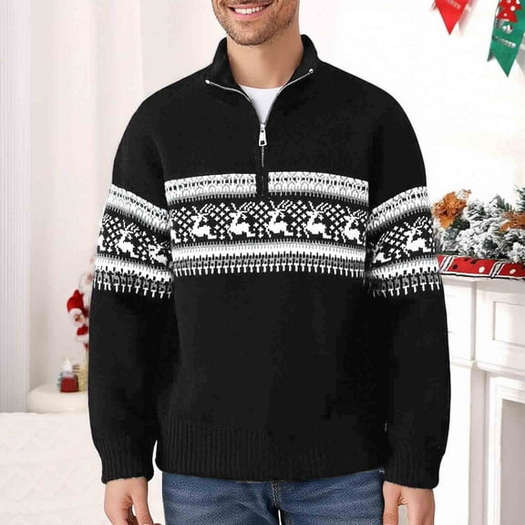 Yteetum Men's Quarter Zip Knitted Sweaters Christmas Reindeer Jacquard Mock Neck Pullover Sweaters Tops Mens Casual Christmas Print Long Sleeve Half-Zip Stand Collar Knit Cardigan Sweater Outerwear