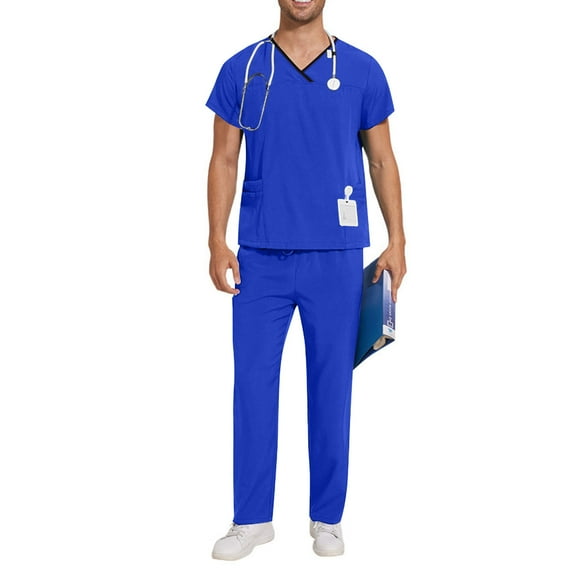 Yteetum Men's Scrub Set Solid Color V Neck Doctors Nurse Caregiver Short Sleeve Shirts with Pockets Tops and Elastic Waist Pants Two Piece Sets XL