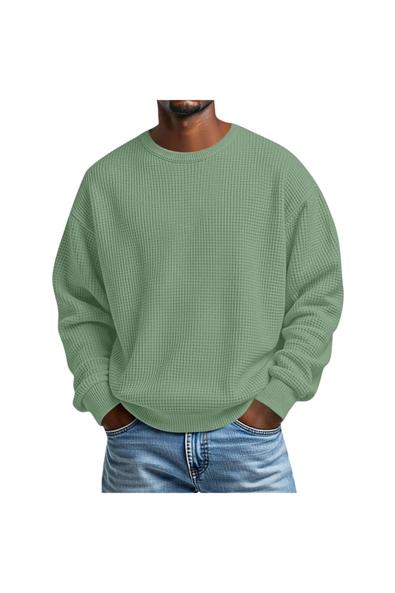 Men's Waffle Weave Shirts Oversized Crewneck Slim Fits Long Sleeve T Shirts Pullover Top Mens Casual Solid Round Neck Regular Fits Loose Comfy Everyday Versatile Tee Shirt Fall Spring Clothes