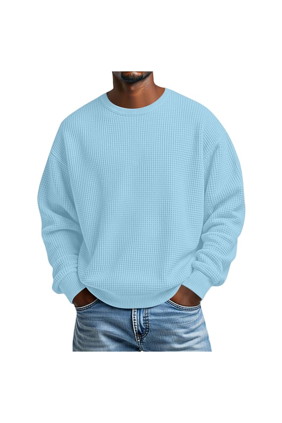 Men's Waffle Weave Shirts Oversized Crewneck Slim Fits Long Sleeve T Shirts Pullover Top Mens Casual Solid Round Neck Regular Fits Loose Comfy Everyday Versatile Tee Shirt Fall Spring Clothes
