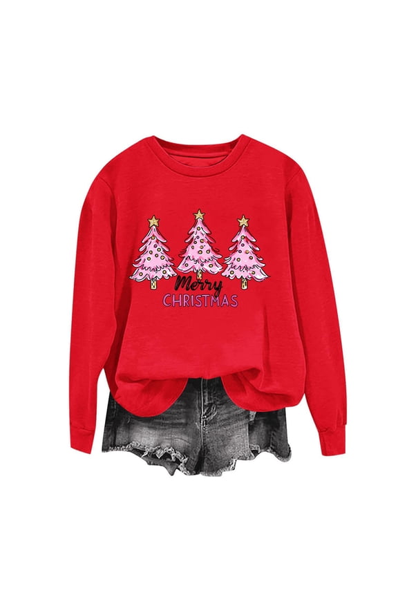 Christmas Sweatshirts for Women Oversized Crewneck Chirstmas Tree Printed Pullover Hoodless Sweatshirts Tops Womens Casual Round Neck Xmas Holiday Long Sleeve Sweatshirts Fall Winter Clothes