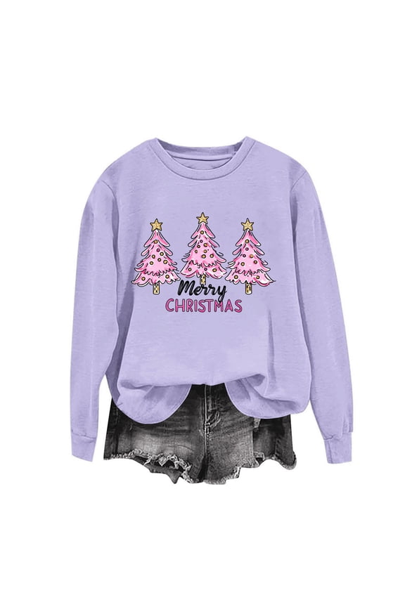 Christmas Sweatshirts for Women Oversized Crewneck Chirstmas Tree Printed Pullover Hoodless Sweatshirts Tops Womens Casual Round Neck Xmas Holiday Long Sleeve Sweatshirts Fall Winter Clothes