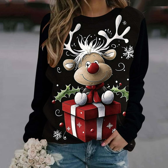 Yteetum Christmas Crewneck Sweatshirts for Women Oversized Letter Print Pullover Hoodless Sweatshirts Tops Womens Casual Round Neck Funny Xmas Holiday Long Sleeve Sweatshirts Fall Winter Clothes