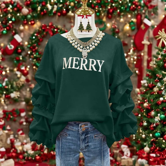 Yteetum Merry Christmas Sweatshirts for Women Oversized Crewneck Christmas Pleated Ruffle Trim Pullover Hoodless Sweatshirts Tops Womens Casual Xmas Graphic Round Neck Loose Lantern Sleeve Sweatshirt