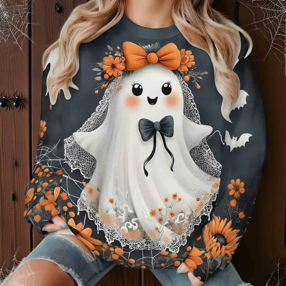 Yteetum Oversize Sweatshirts for Women Halloween Cute Ghost Graphic Print Crewneck Pullover Fleece Sweatshirts Tops Womens Casual Ghost Print Round Neck Loose Sport Long Sleeve Hoodless Sweatshirts