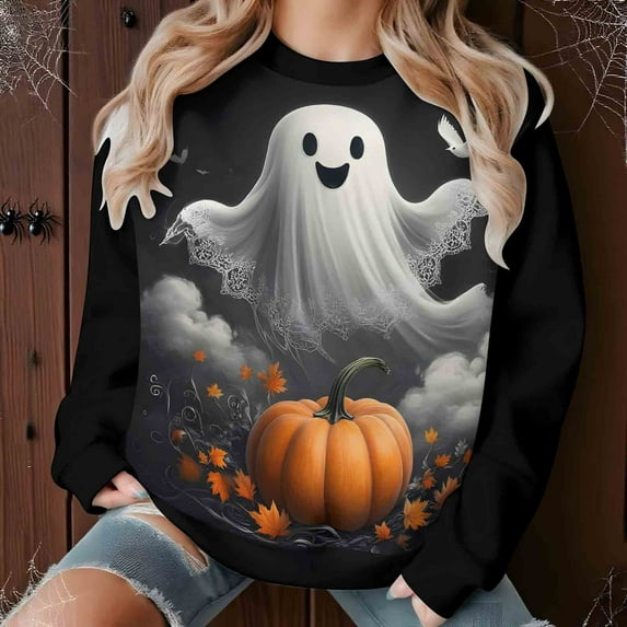 Yteetum Oversize Sweatshirts for Women Halloween Cute Ghost Graphic Print Crewneck Pullover Fleece Sweatshirts Tops Womens Casual Ghost Print Round Neck Loose Sport Long Sleeve Hoodless Sweatshirts