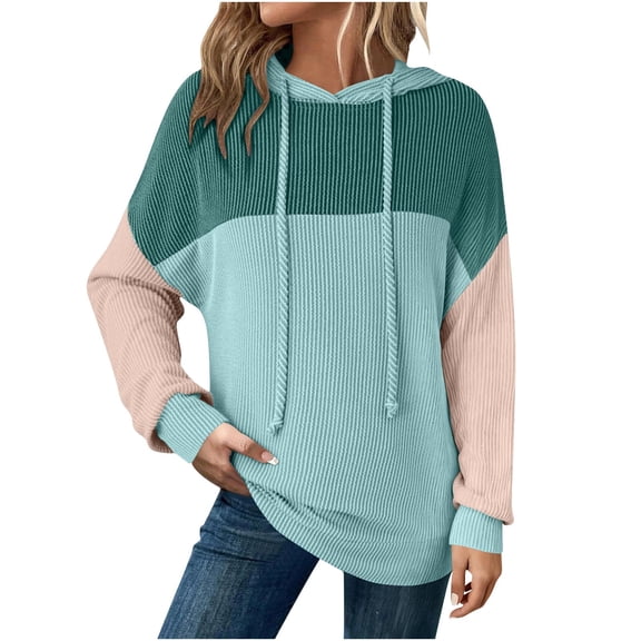 Yteetum Oversized Hoodies for Women Colorblock Drawstring Knit Pullover Hooded Sweatshirts Top Womens Casual Patchwork Loose Fits Plus Size Long Sleeve Fall Hood Sweatshirts Fall Clothes Clothes