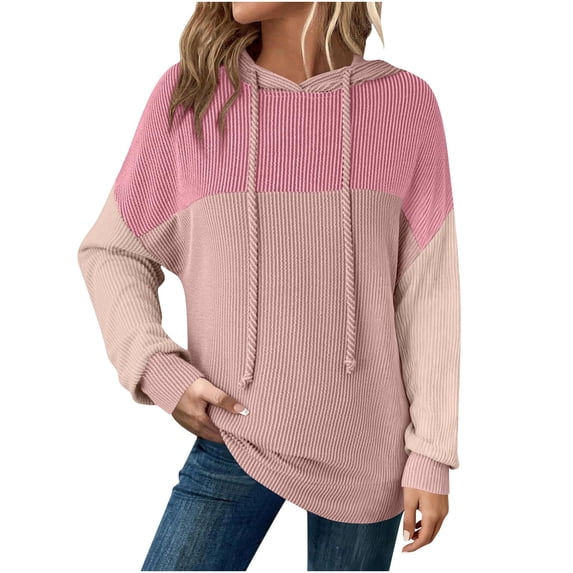 Yteetum Oversized Hoodies for Women Colorblock Drawstring Knit Pullover Hooded Sweatshirts Top Womens Casual Patchwork Loose Fits Plus Size Long Sleeve Fall Hood Sweatshirts Fall Clothes Clothes