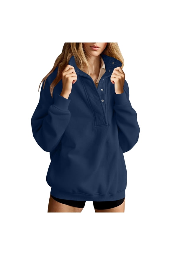 Oversized Sweatshirts for Women Snap Stand Collar Button Down Pullover Hoodless Sweatshirts Top Womens Casual Mock Neck Button Up Loose Tunic Tops Long Sleeve Sweatshirts Fall Fashion Outfits