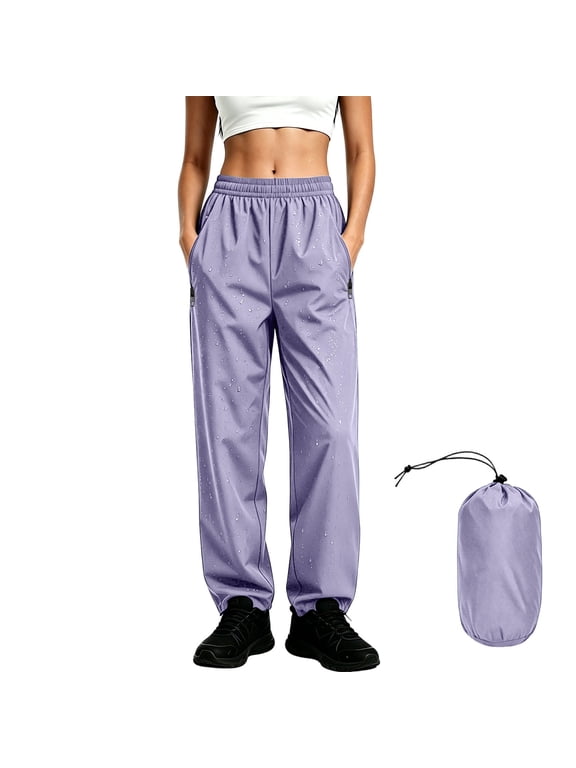 Packable Rain Pants for Women Elastic Waist Waterproof Windproof Cargo Hiking Pant Womens Solid Loose Quickly Dry Lightweight Camping Fishing Trousers