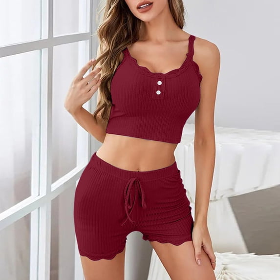 Yteetum Pajama Sets for Women 2 Piece Summer Sleeveless Spaghetti Strap Lace Trim Cami Crop Tops and Ruffle Shorts Lounge Sets Casual Solid Comfy Soft Sleepwear Pjs Two Piece Outfits