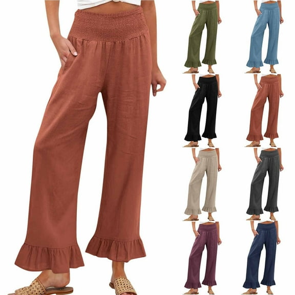Yteetum Pants for Women Solid Color Hem Ruffle Side Pockets High Waist Casual Range Elastic Waist Long Pants