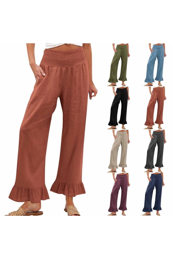 Pants for Women Solid Color Hem Ruffle Side Pockets High Waist Casual Range Elastic Waist Long Pants