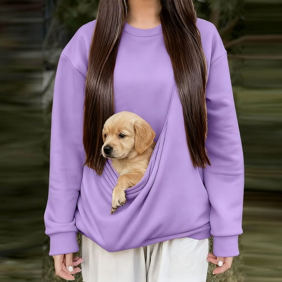 Yteetum Pet Pouch Sweatshirt for Women Oversized Front Carry Pet Carrier Pullover Hoodless Sweatshirts Womens Casual Solid Loose Animal Kangaroo Pouch Long Sleeve Sweatshirt Fall Clothes Clothes