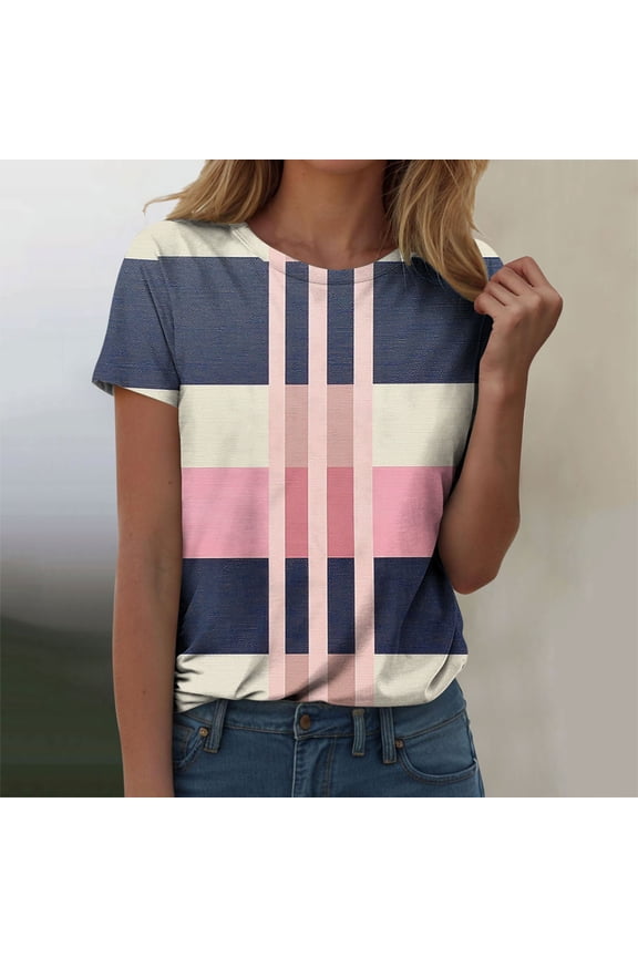 Pink Womens T Shirts Casual Printed Short Sleeve Tops Ladies New Summer Round Neck Loose Comfortable Tee Shirts Blouse