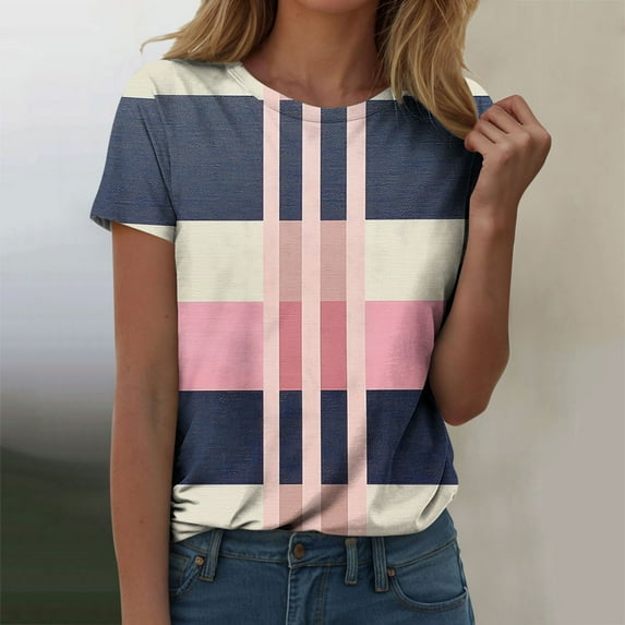 Yteetum Pink Womens T Shirts Casual Printed Short Sleeve Tops Ladies New Summer Round Neck Loose Comfortable Tee Shirts Blouse