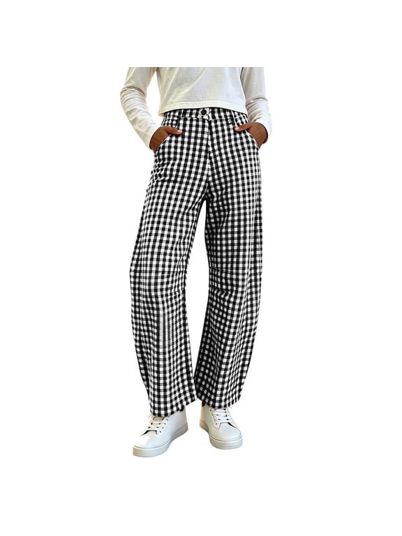 Plaid Barrel Pants for Women Baggy Gingham High Waisted Button Zipper Curved Leg Pant Womens Summer Fall Loose Comfy Elastic Waist Trousers