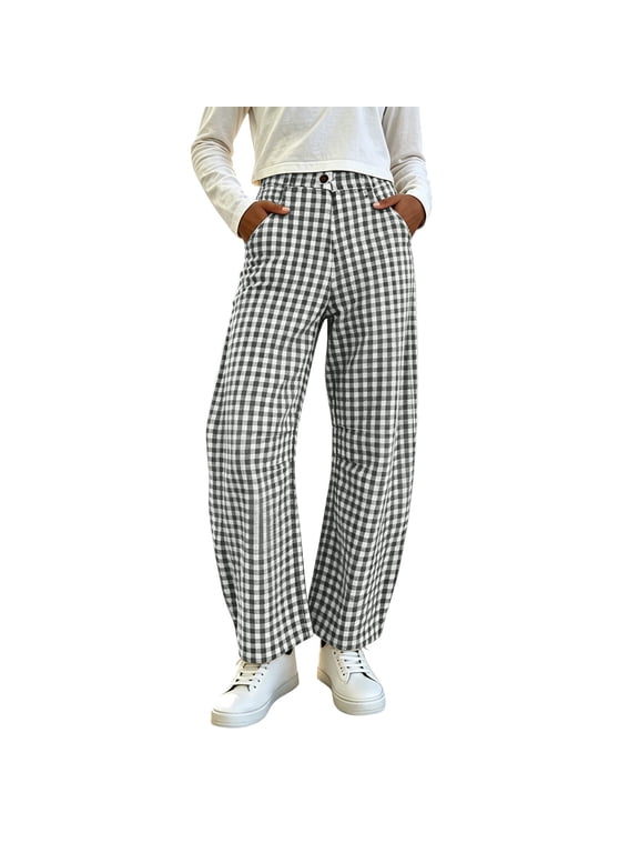 Plaid Barrel Pants for Women Baggy Gingham High Waisted Button Zipper Curved Leg Pant Womens Summer Fall Loose Comfy Elastic Waist Trousers