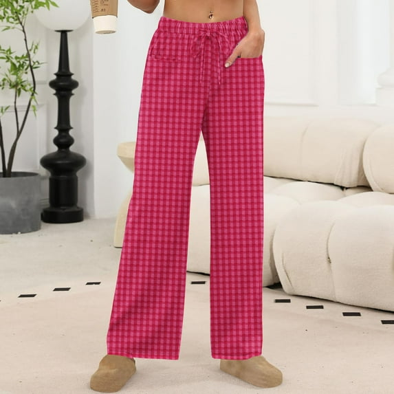 Yteetum Plaid Pajama Pants for Women Plus Size Drawstring Elastic Waist Straight Leg Checkered Print Pjs Pants Womens Casual Loose Fits Comfy Loungewear Pant Sleep Bottom Homewear Breathable Trousers