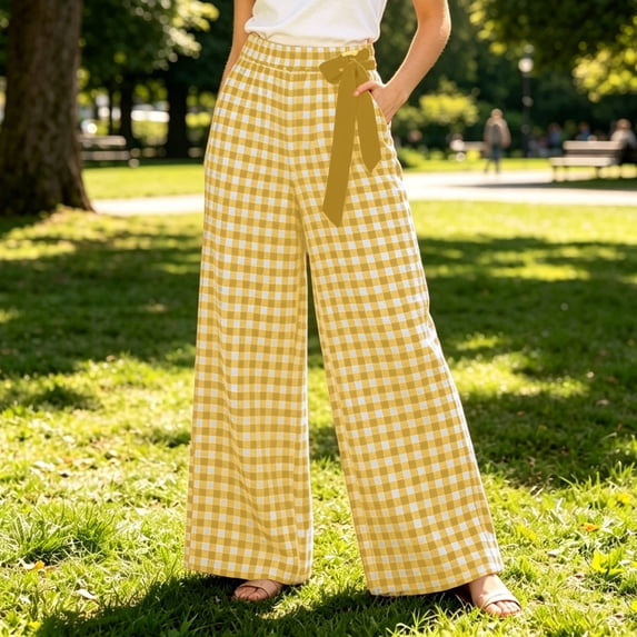 Yteetum Plaid Pants for Women Baggy Drawstring Elastic Waisted Palazzo Wide Leg Lounge Pant Womens Summer Fall Casual Checkered Loose Comfy Trousers