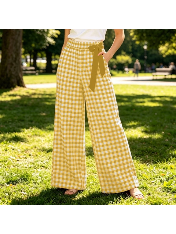 Plaid Pants for Women Baggy Drawstring Elastic Waisted Palazzo Wide Leg Lounge Pant Womens Summer Fall Casual Checkered Loose Comfy Trousers