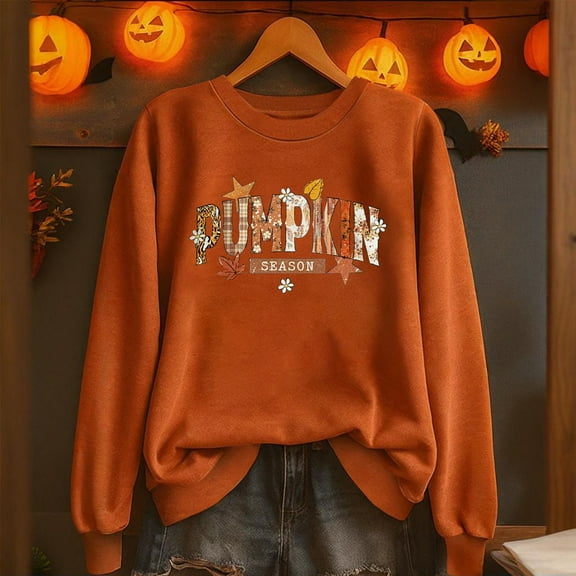 Yteetum Pumpkin Print Sweatshirts for Women Halloween Thanksgiving Print Crewneck Hoodless Sweatshirt Tops Womens Casual Pumpkin Season Print Round Neck Loose Fits Long Sleeve Sweatshirts Fall Trendy