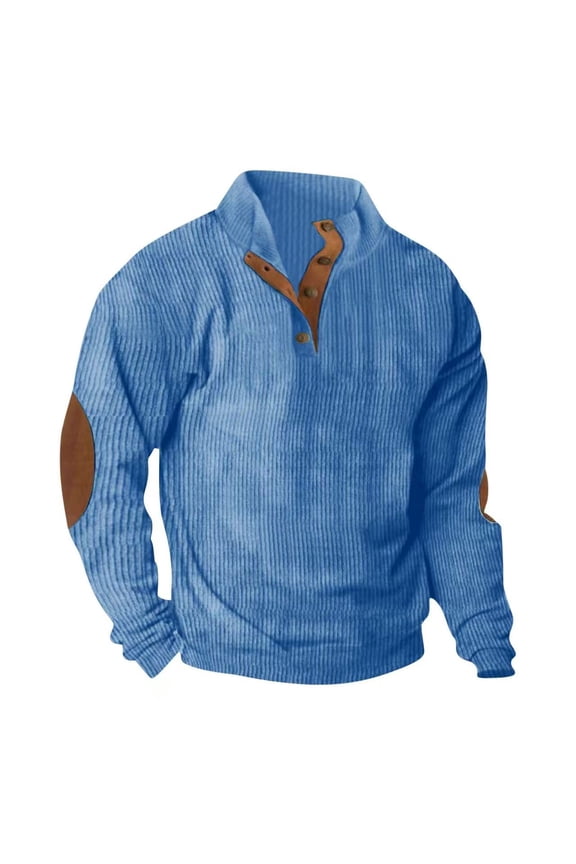 Quarter Button Sweatshirts for Men Oversized Stand Collar Pullover Corduroy Sweatshirts Blouse Mens Casual Mock Neck 1/4 Button Up Long Sleeve Vintage Corduroy Sweatshirts with Elbow Patches