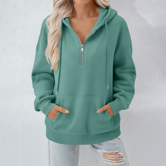 Yteetum Quarter Zip Hoodies for Women Oversized V Neck Drawstring Pullover Hooded Sweatshirts Tops Womens Casual Solid Loose Fits Half Zip Up Hooded Fall Pocket Sweatshirts Fall Clothes Clothes