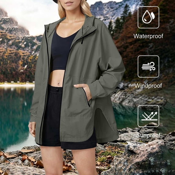 Yteetum Rain Jackets for Women Oversized Solid Lightweight Long Sleeve Sunproof Waterproof Windbreaker Zipper Hooded Jacket for Outdoor Travel Hiking Camp