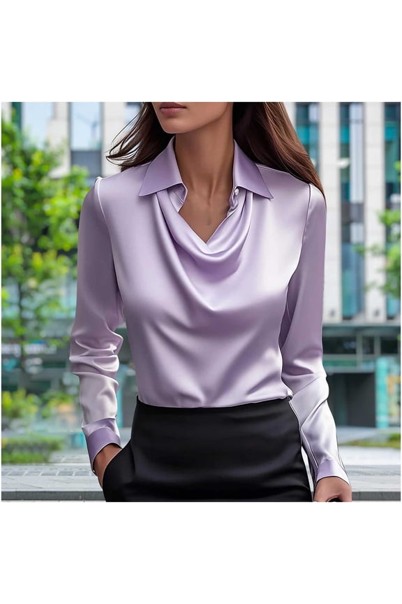 Satin Blouses for Women Oversized Cowl Neck Elegant Dressy Drape Ruched Front Business Long Sleeve Silk Shirt Top Casual Solid Plus Size Lapel Comfy Office Work Formal T Shirt Spring Clothes
