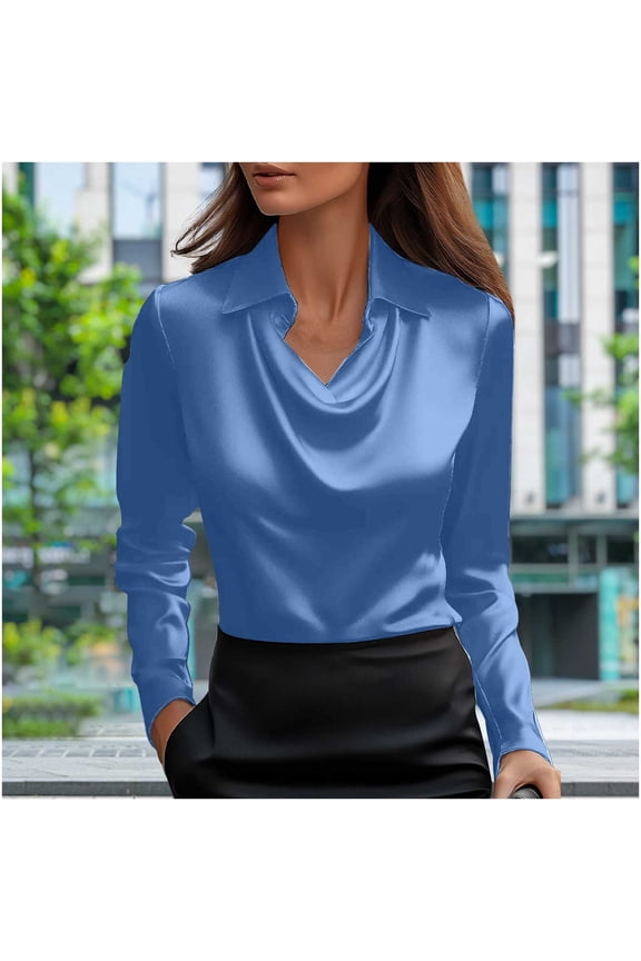 Satin Blouses for Women Oversized Cowl Neck Elegant Dressy Drape Ruched Front Business Long Sleeve Silk Shirt Top Casual Solid Plus Size Lapel Comfy Office Work Formal T Shirt Spring Clothes