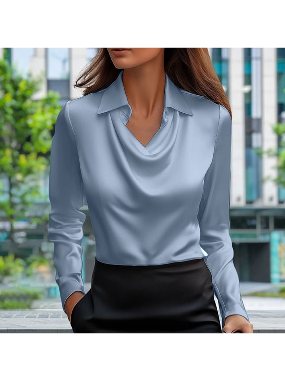 Satin Blouses for Women Oversized Cowl Neck Elegant Dressy Drape Ruched Front Business Long Sleeve Silk Shirt Top Casual Solid Plus Size Lapel Comfy Office Work Formal T Shirt Spring Clothes