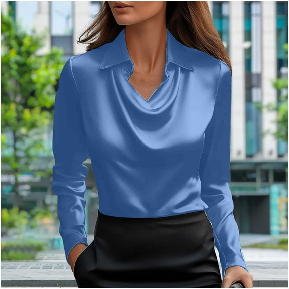 Yteetum Satin Blouses for Women Oversized Cowl Neck Elegant Dressy Drape Ruched Front Business Long Sleeve Silk Shirt Top Casual Solid Plus Size Lapel Comfy Office Work Formal T Shirt Spring Clothes