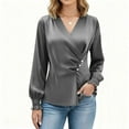 thumbnail image 1 of Yteetum Satin Silk Long Sleeve Shirts for Women Oversized Dressy V Neck Elegant Pleated Front Puff T Shirt Top Womens Casual Solid Plus Size Loose Fits Comfy Formal Business Baggy Work Office Blouses, 1 of 7