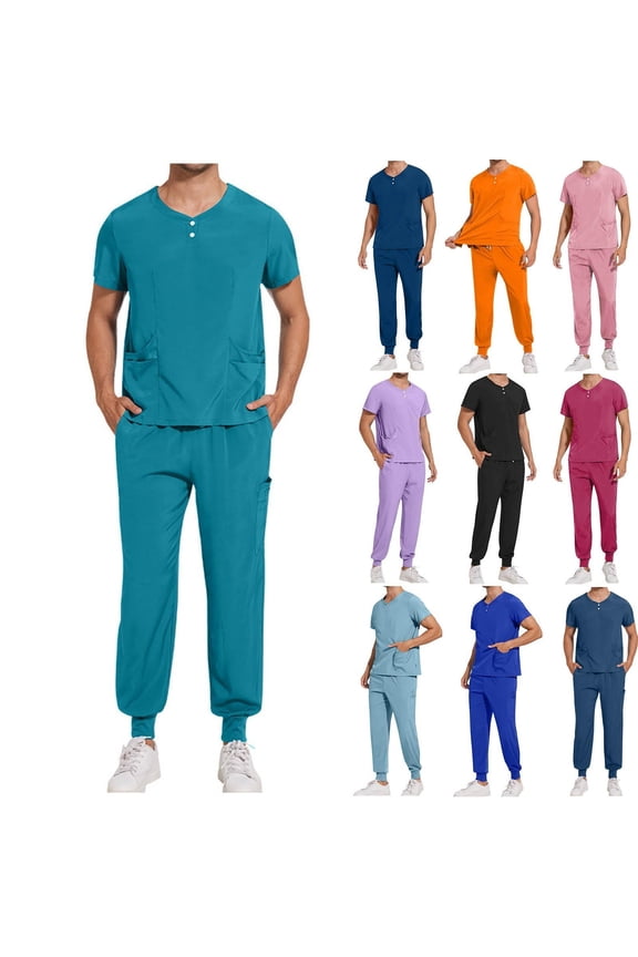 Scrub for Men Solid Color Crew Neck Button Down Short Sleeve Shirts with Pockets and Drawstring Trousers Quickly Drying Doctors Surgicals Gowns Protective Nursing Uniforms Two Piece Sets