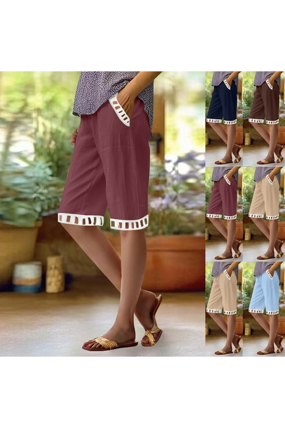 Shorts for Women Bermuda Shorts Solid Color Casual Summer Cotton and Linen Loose Comfortable Shorts with Pockets