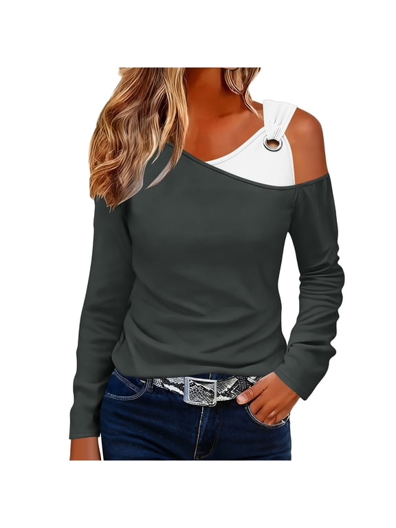 Off the Shoulder Tops for Women Oversized Cold Shoulder Metal Buckle Single Strap Long Sleeve T Shirt Womens Casual Colorblock Plus Size Loose Fits Comfy Elegant Basic Tee Fall Spring Clothes