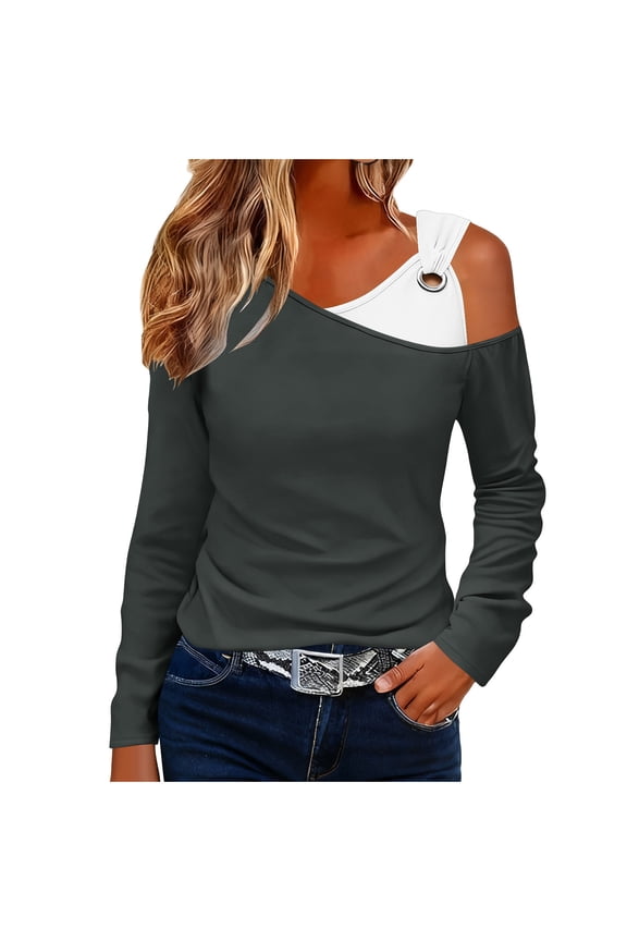 Off the Shoulder Tops for Women Oversized Cold Shoulder Metal Buckle Single Strap Long Sleeve T Shirt Womens Casual Colorblock Plus Size Loose Fits Comfy Elegant Basic Tee Fall Spring Clothes