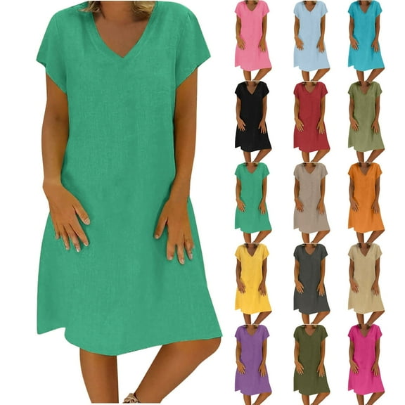 Yteetum Solid Color Dresses for Women Floral Dress Graduation Dress Flowy Midi Dress Spring Casual Dress for Women Linen Dress V Neck Short Sleeve