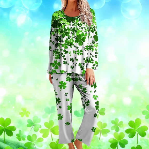 Yteetum St Patrick's Day Pajamas Set for Women Oversized Crewneck St Paddy's Day Shamrock Printed Loungewear Matching Sets Womens Casual Plus Size Loose Fits T Shirts and Pjs Pants 2 Piece Set
