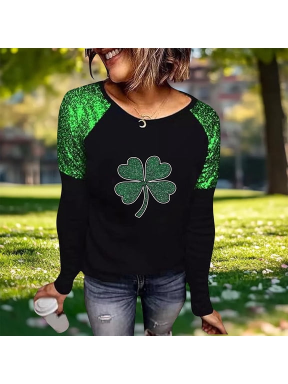 St Patrick's Day Shirts for Women Oversized Crewneck Glitter Luckys Irish Shamrocks Paddy's Day Graphic T Shirts Top Womens Casual Plus Size Round Neck Loose Comfy Tees Fall Spring Clothes