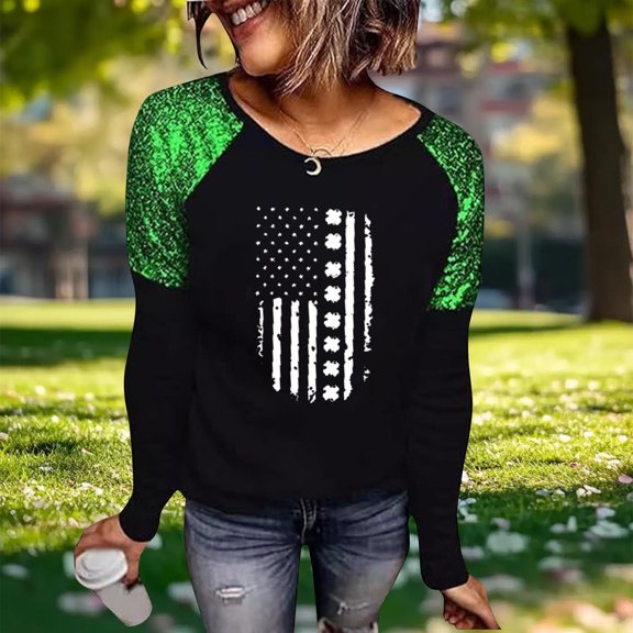 Yteetum St Patrick's Day Shirts for Women Oversized Crewneck Glitter Luckys Irish Shamrocks Paddy's Day Graphic T Shirts Top Womens Casual Plus Size Round Neck Loose Comfy Tees Fall Spring Clothes