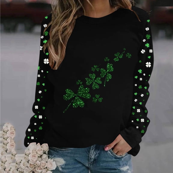 Yteetum St Patrick's Day Sweatshirts for Women Oversized Crewneck Shamrocks Print Regular Sleeve Pullover Hoodless Sweatshirts Top Womens Casual Round Neck St. Patricks Print Long Sleeve Sweatshirts