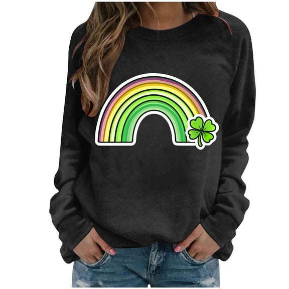 Yteetum St Patrick's Day Sweatshirts for Women Oversized Crewneck St Patrick's Luckys Clovers Rainbow Print Hoodless Sweatshirt Womens Casual Round Neck Shamrocks Graphic Print Long Sleeve Sweatshirt