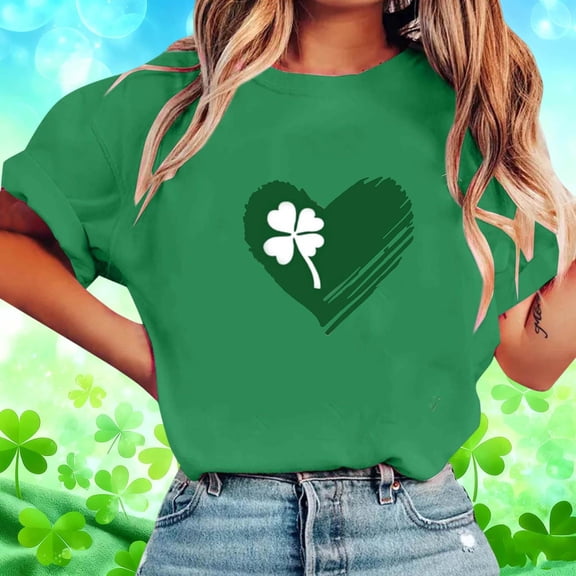Yteetum St. Patrick's Day T Shirts for Women Oversized Crewneck Funny Shamrocks Loved Heart Printed Short Sleeve T Shirt Top Womens Casual Round Neck Plus Size Graphic Print Loose Fits Summer T Shirt