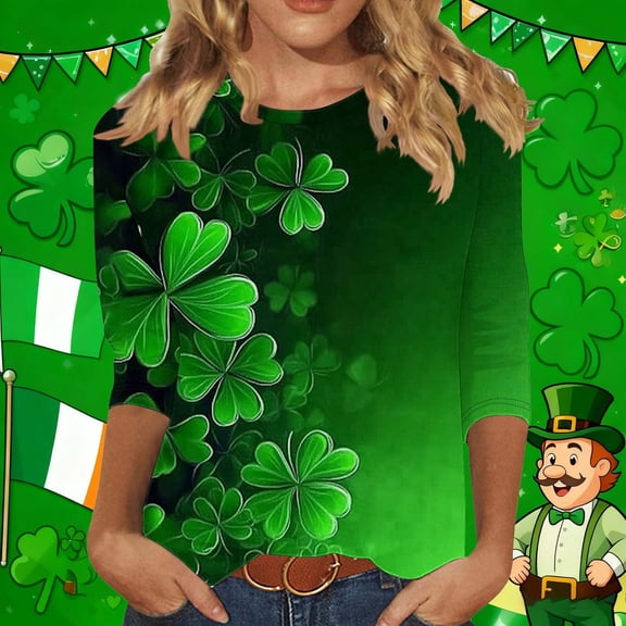 Yteetum St Patricks Day 3/4 Sleeve Tops for Women Oversized Crewneck St Paddy's Day Shamrocks Graphic Print T Shirt Womens Casual Solid Plus Size Round Neck Loose Three Quarter Sleeve Shirts