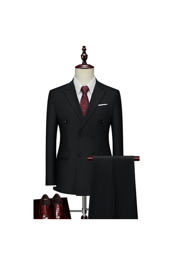 Suits for Men 2 Piece Two Breasted Button Slim Fits Blazer Lapel Dress Suit Set Mens Solid Double Breasted Long Sleeve Prom Tuxedo Suit Blazer and Pants Set Groom Wedding Business Formal Wear