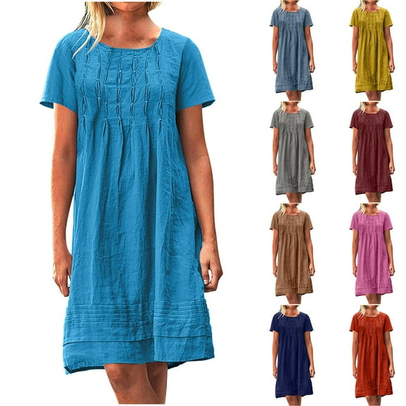 Yteetum Summer Dresses for Women 2025 Pleated Cotton Linen Midi Dresses Crewneck Short Sleeve Sundress Casual Loose Comfortable T Shirts Round Neck Beach Vacation Knee Length Dress with Pockets