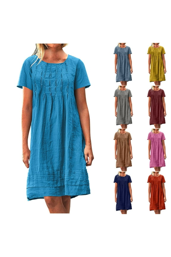 Summer Dresses for Women 2025 Pleated Cotton Linen Midi Dresses Crewneck Short Sleeve Sundress Casual Loose Comfortable T Shirts Round Neck Beach Vacation Knee Length Dress with Pockets