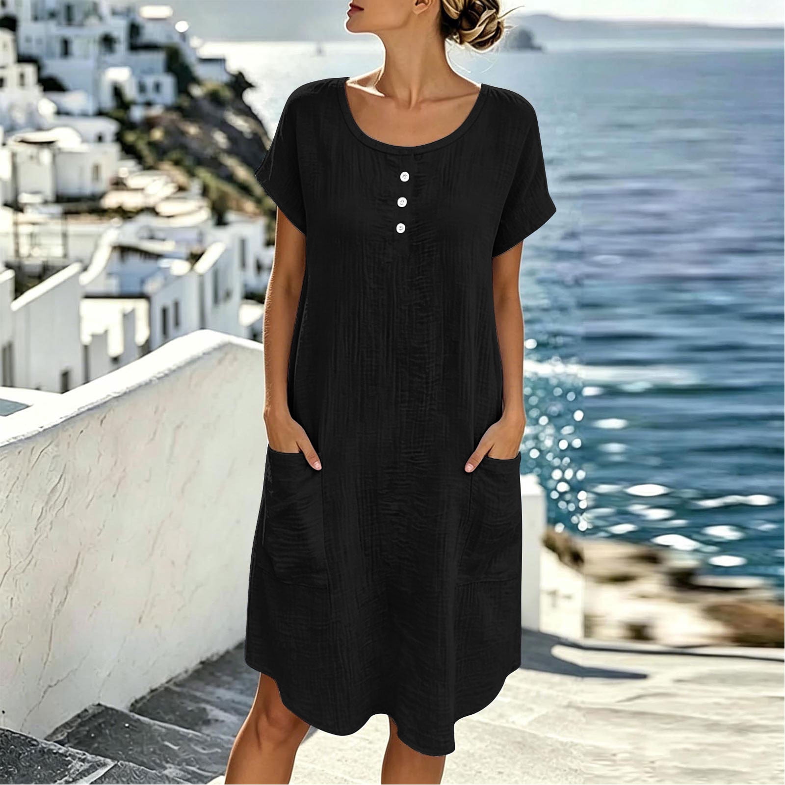 lightweight summer dresses for travel Yteetum Summer Dresses for Women Short Sleeve Crewneck Button Down Shirt Dresses Sundress Casual Solid Round Neck Loose Fits Lightweight Comfy Travel